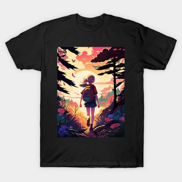 Girl trekking in the woods with a beautiful sunset effect T-Shirt by naeshaassociates@gmail.com